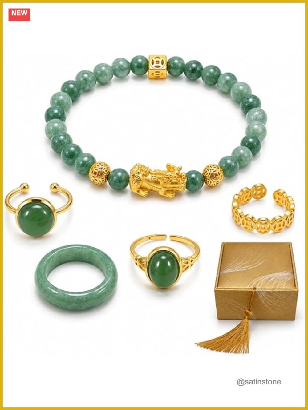 Natural Jade Pixiu Bracelet & 4 Ring Set Feng Shui Wealth Luck Elastic Bracelet